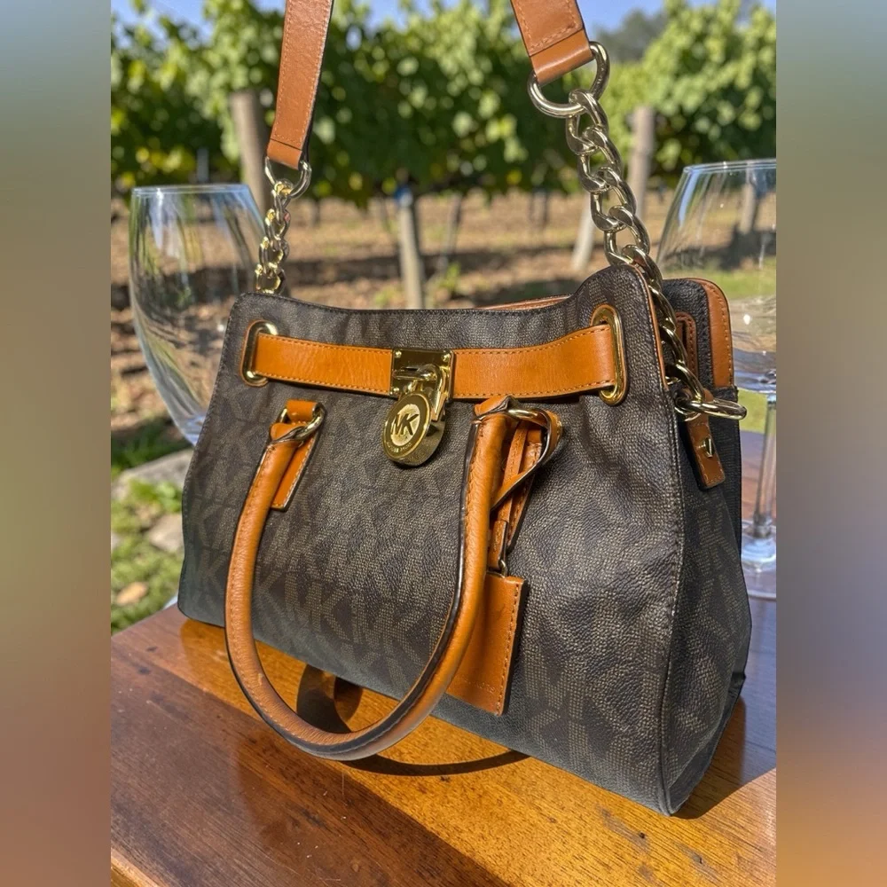 Michael Kors Dark Brown Shoulder Bag with Gold Accent Padlock & Key! - Picture 3 of 11